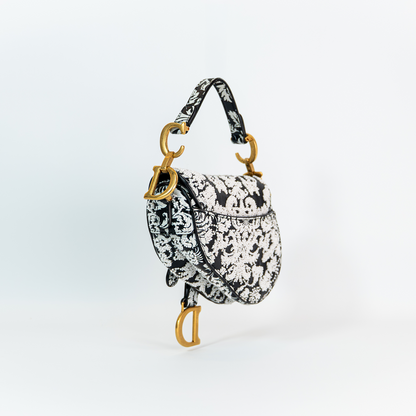 Dior Saddle Micro Bag — Black Ornamental Embroidered Calfskin, Gold Hardware, Full Original Packaging