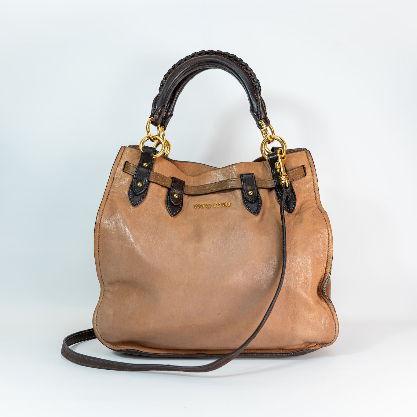 Early 2000s Two-Tone Leather Crossbody Bag — Light &amp; Dark Brown, Gold Hardware