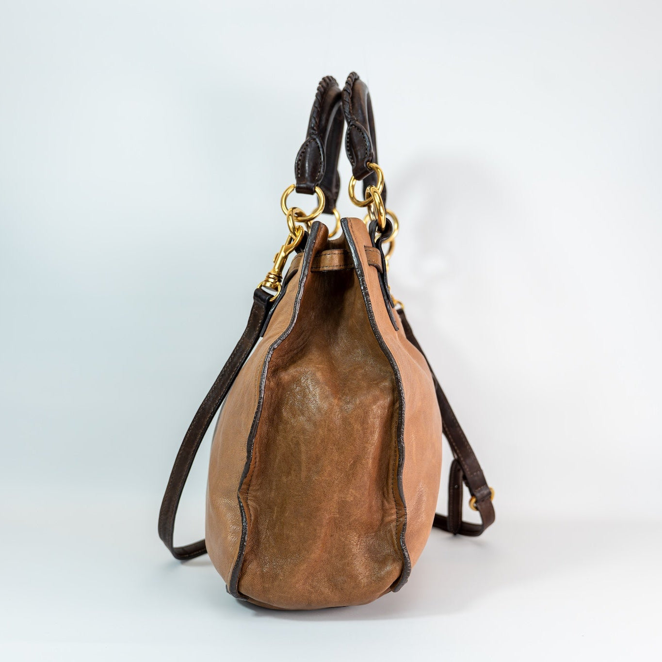 Early 2000s Two-Tone Leather Crossbody Bag — Light &amp; Dark Brown, Gold Hardware