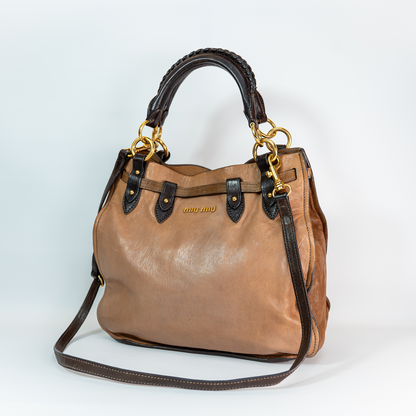 Early 2000s Two-Tone Leather Crossbody Bag — Light &amp; Dark Brown, Gold Hardware