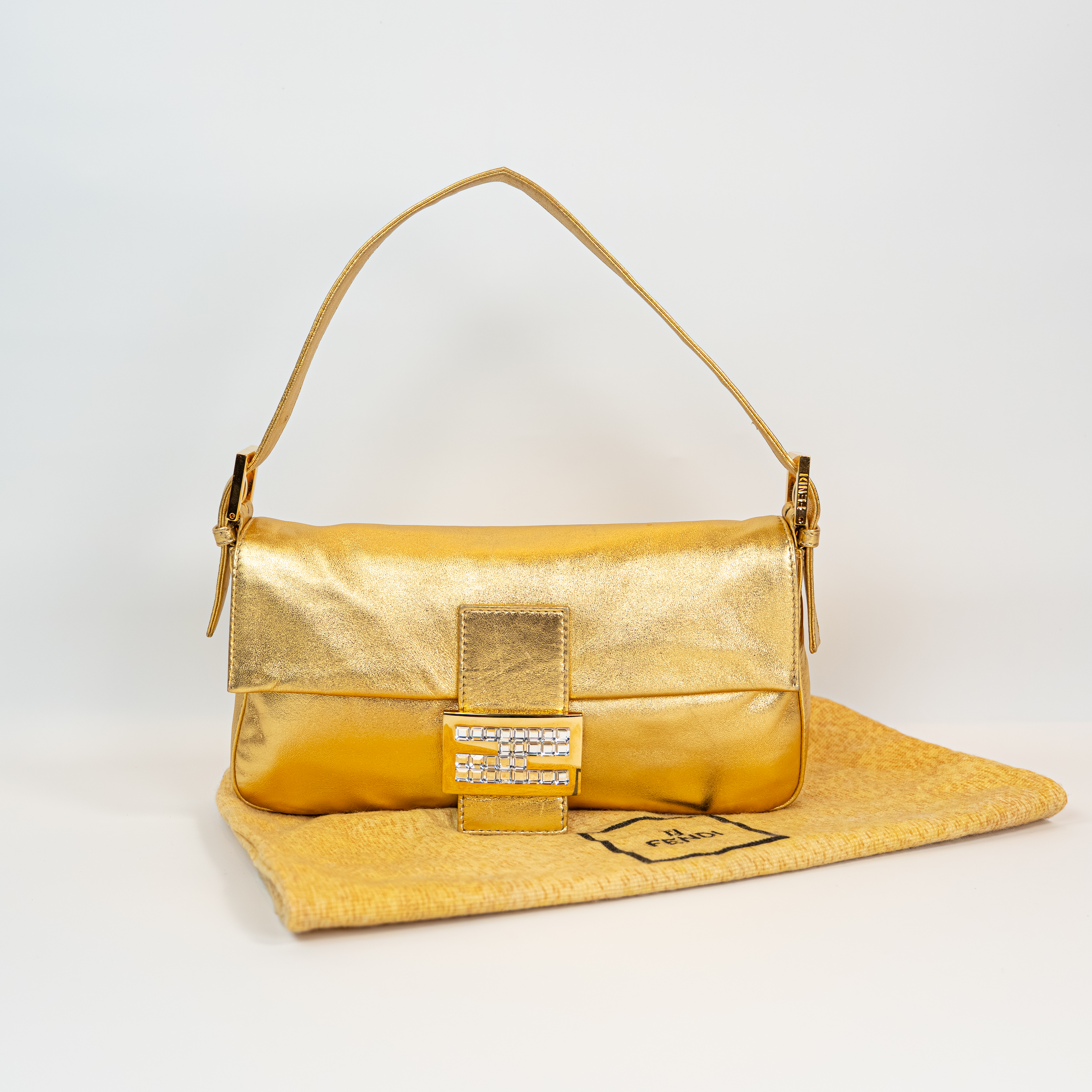 Fendi Gold Lambskin Crystal Baguette