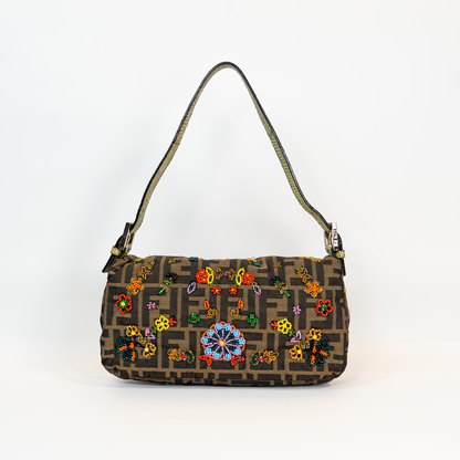 RARE Fendi Zucca Canvas Multicolour Beaded Baguette with Lizard Trim