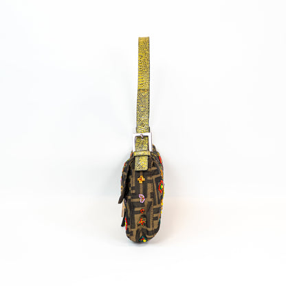 RARE Fendi Zucca Canvas Multicolour Beaded Baguette with Lizard Trim