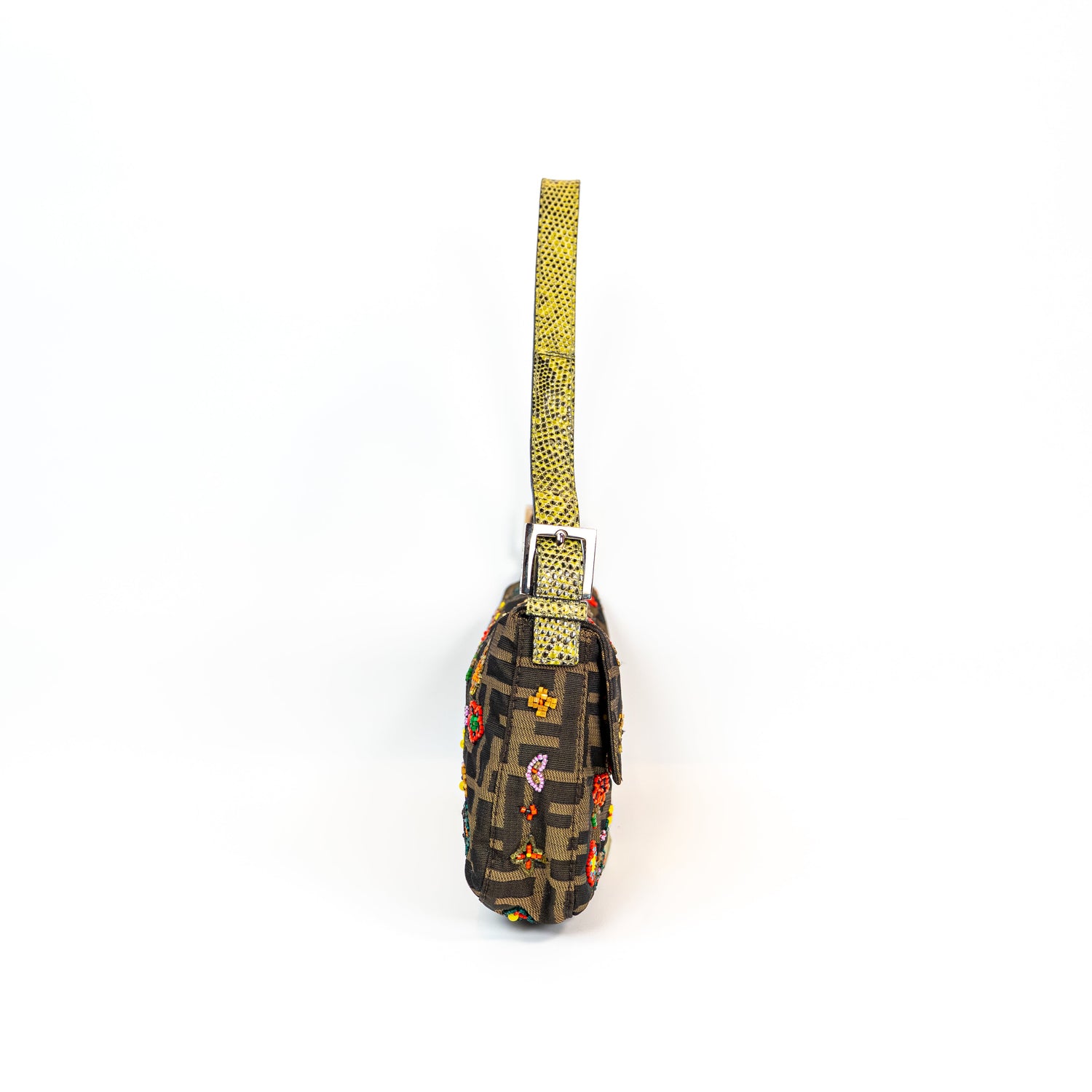 RARE Fendi Zucca Canvas Multicolour Beaded Baguette with Lizard Trim