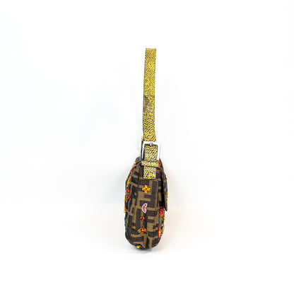 RARE Fendi Zucca Canvas Multicolour Beaded Baguette with Lizard Trim