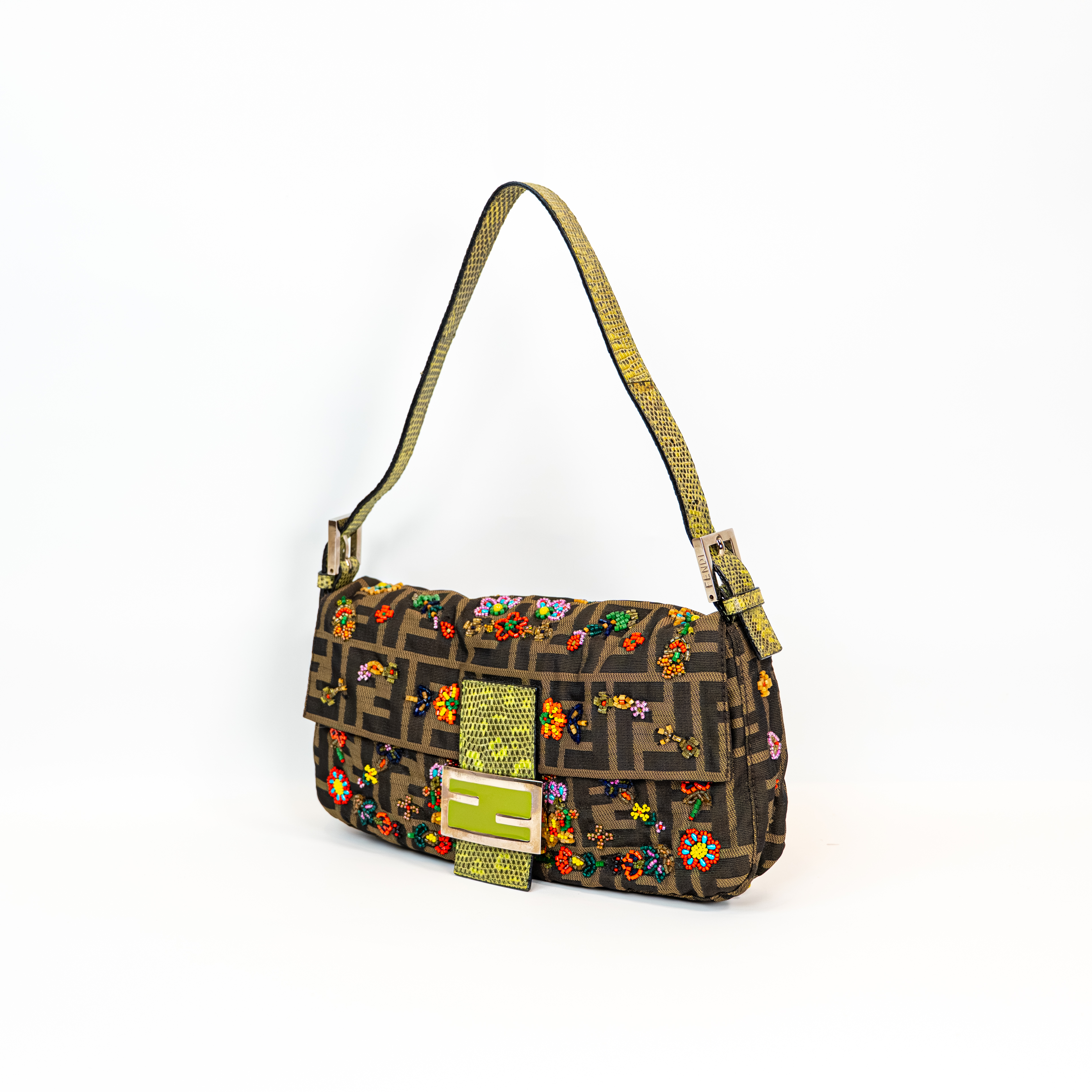 RARE Fendi Zucca Canvas Multicolour Beaded Baguette with Lizard Trim