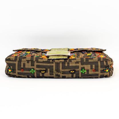 RARE Fendi Zucca Canvas Multicolour Beaded Baguette with Lizard Trim