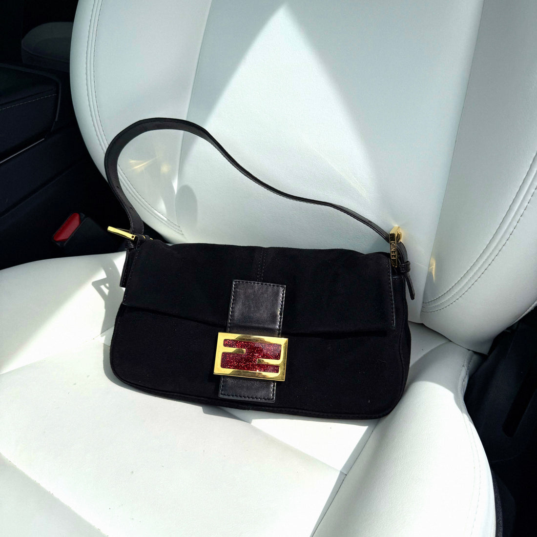 Black Suede Baguette with Red Glitter FF Clasp