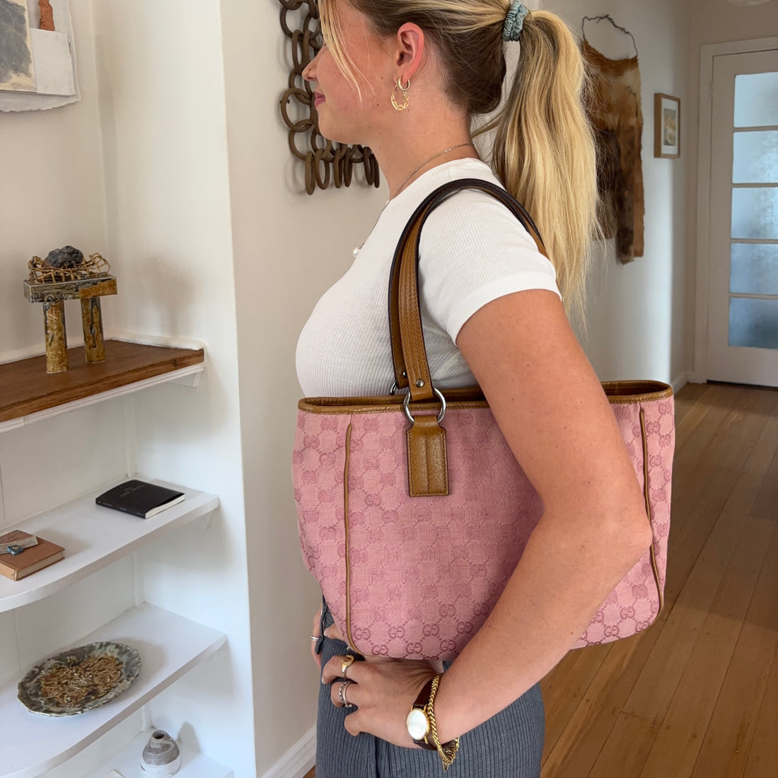 Gucci GG Monogram Canvas Tote, Light Pink, Early 2000s