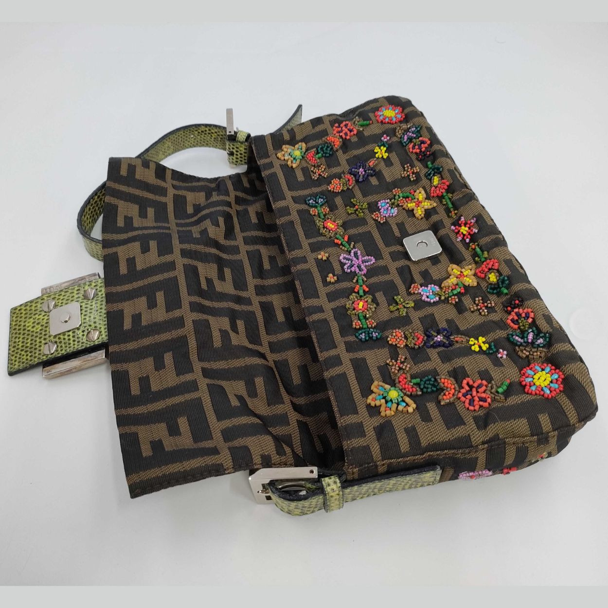 RARE Fendi Zucca Canvas Multicolour Beaded Baguette with Lizard Trim