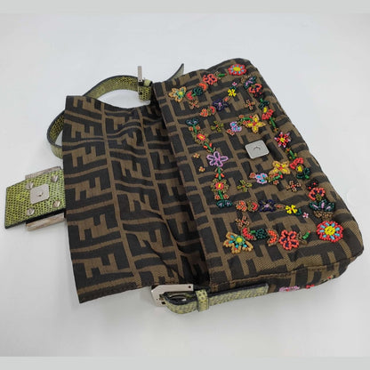 RARE Fendi Zucca Canvas Multicolour Beaded Baguette with Lizard Trim