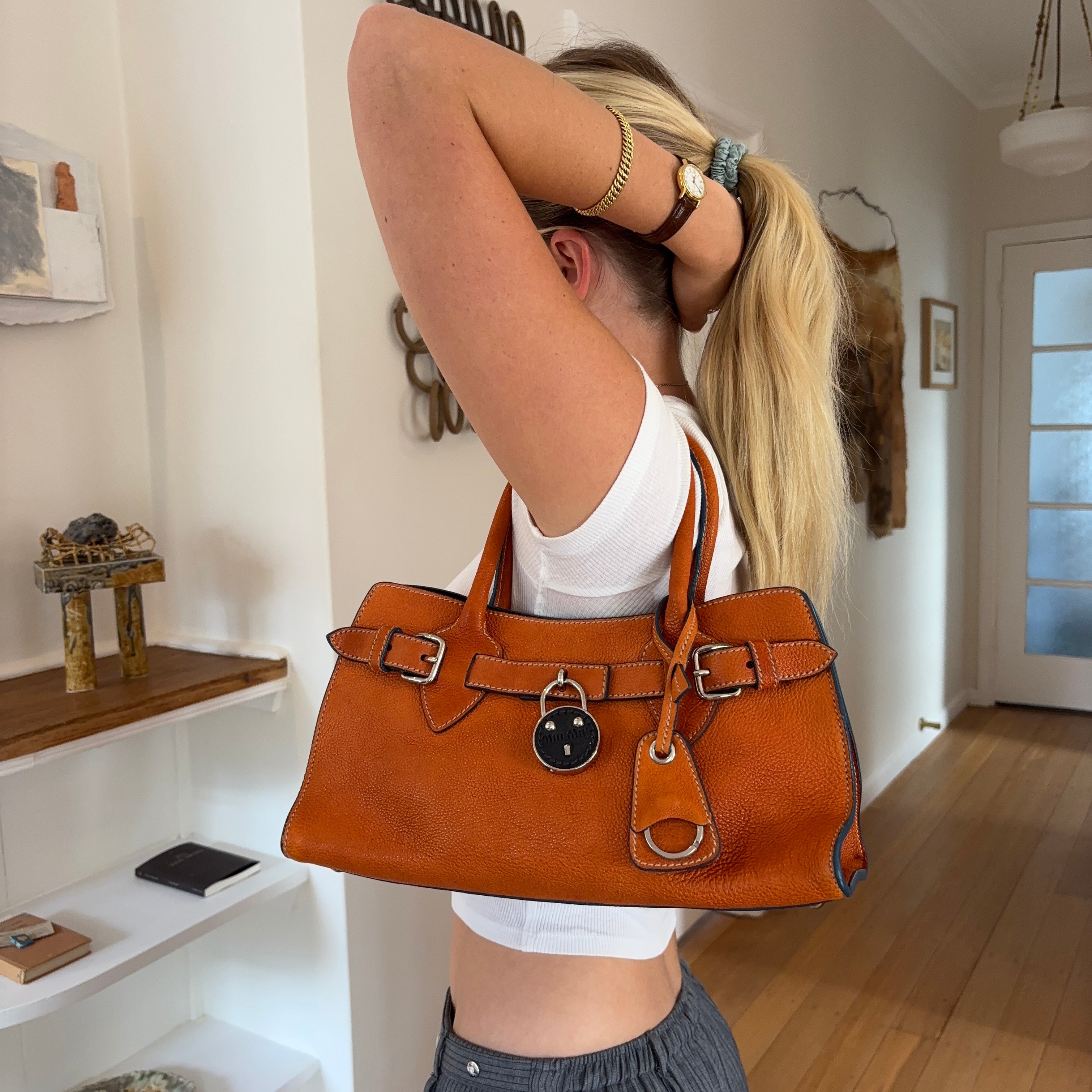Miu Miu Vitello Lux Padlock Shoulder Bag, Burnt Orange, Early 2000s