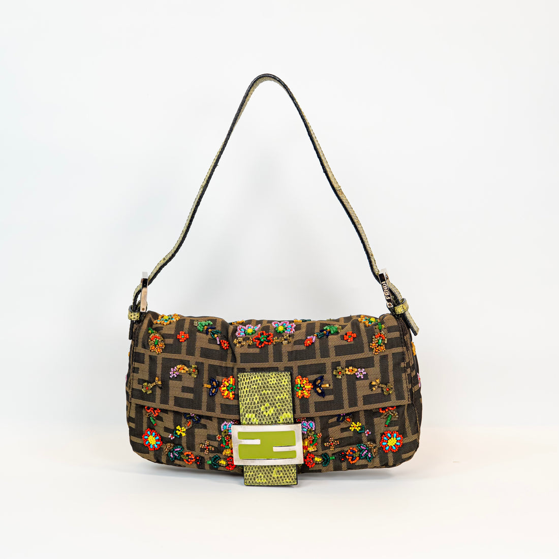 RARE Fendi Zucca Canvas Multicolour Beaded Baguette with Lizard Trim