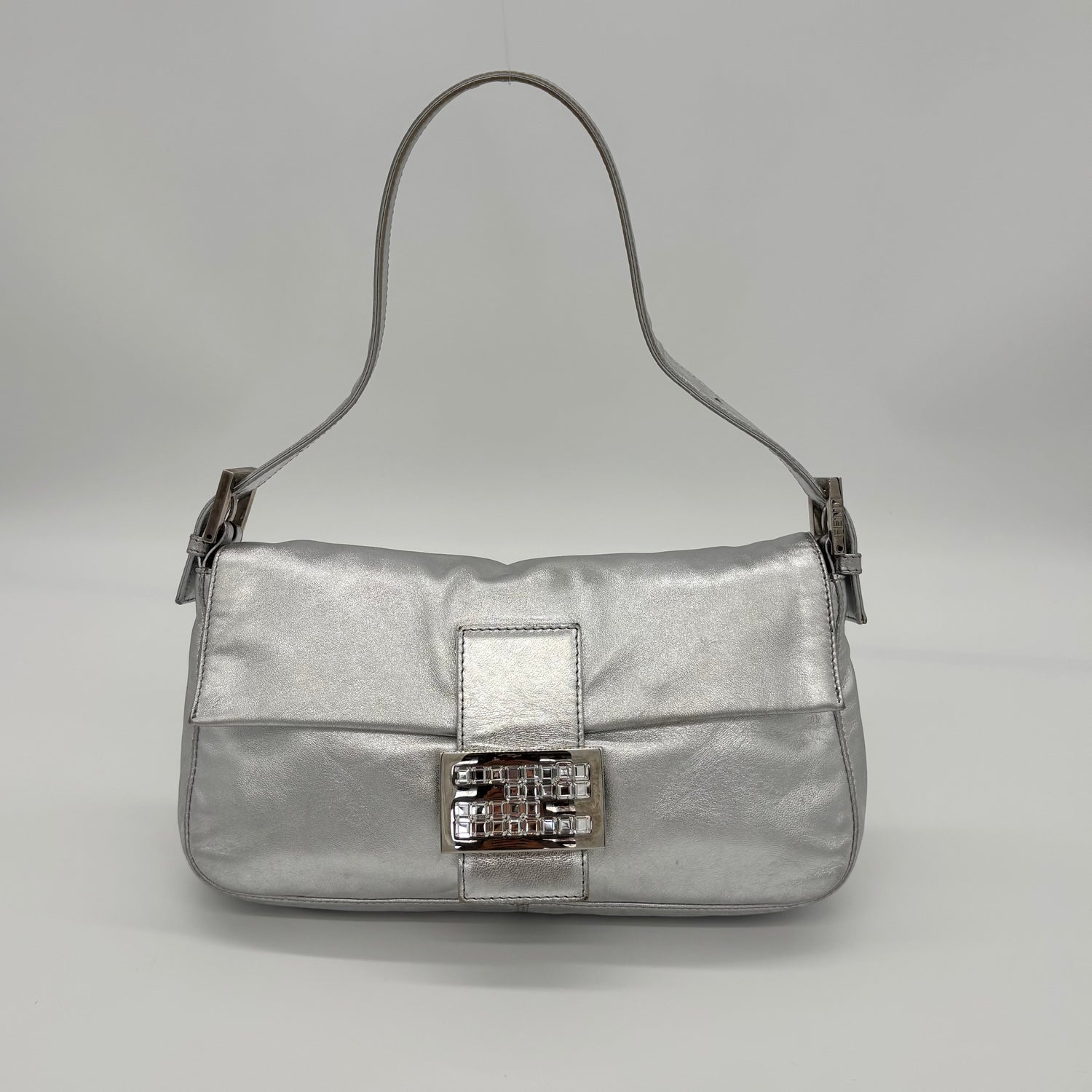 Fendi Silver Lambskin Crystal FF Buckle Baguette, Early 2000s