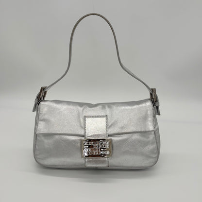 Fendi Silver Lambskin Crystal FF Buckle Baguette, Early 2000s