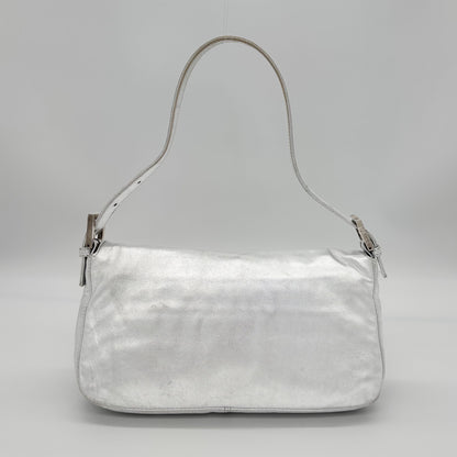 Fendi Silver Lambskin Crystal FF Buckle Baguette, Early 2000s