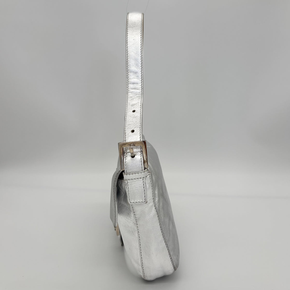 Fendi Silver Lambskin Crystal FF Buckle Baguette, Early 2000s