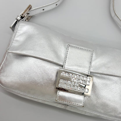 Fendi Silver Lambskin Crystal FF Buckle Baguette, Early 2000s