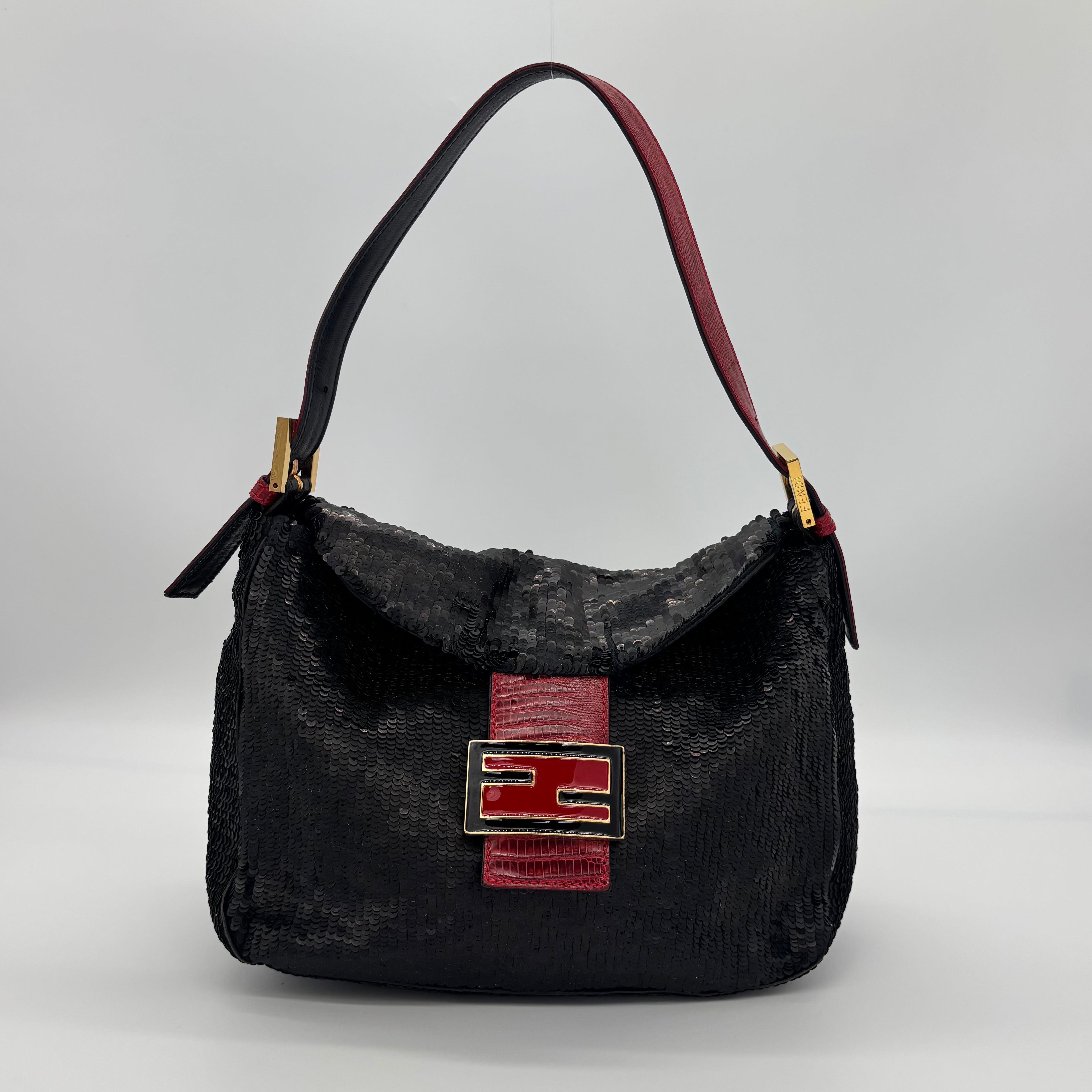 Fendi Black Sequin Baguette Bucket with Red Lizard Trim — Red Enamel FF Buckle