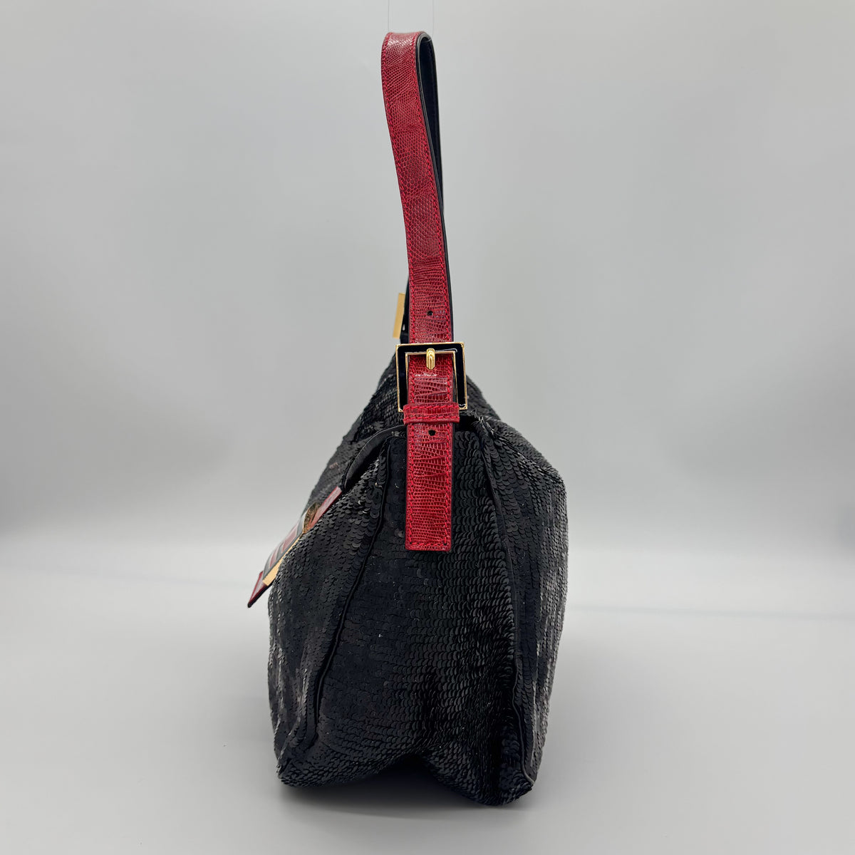Fendi Black Sequin Baguette Bucket with Red Lizard Trim — Red Enamel FF Buckle