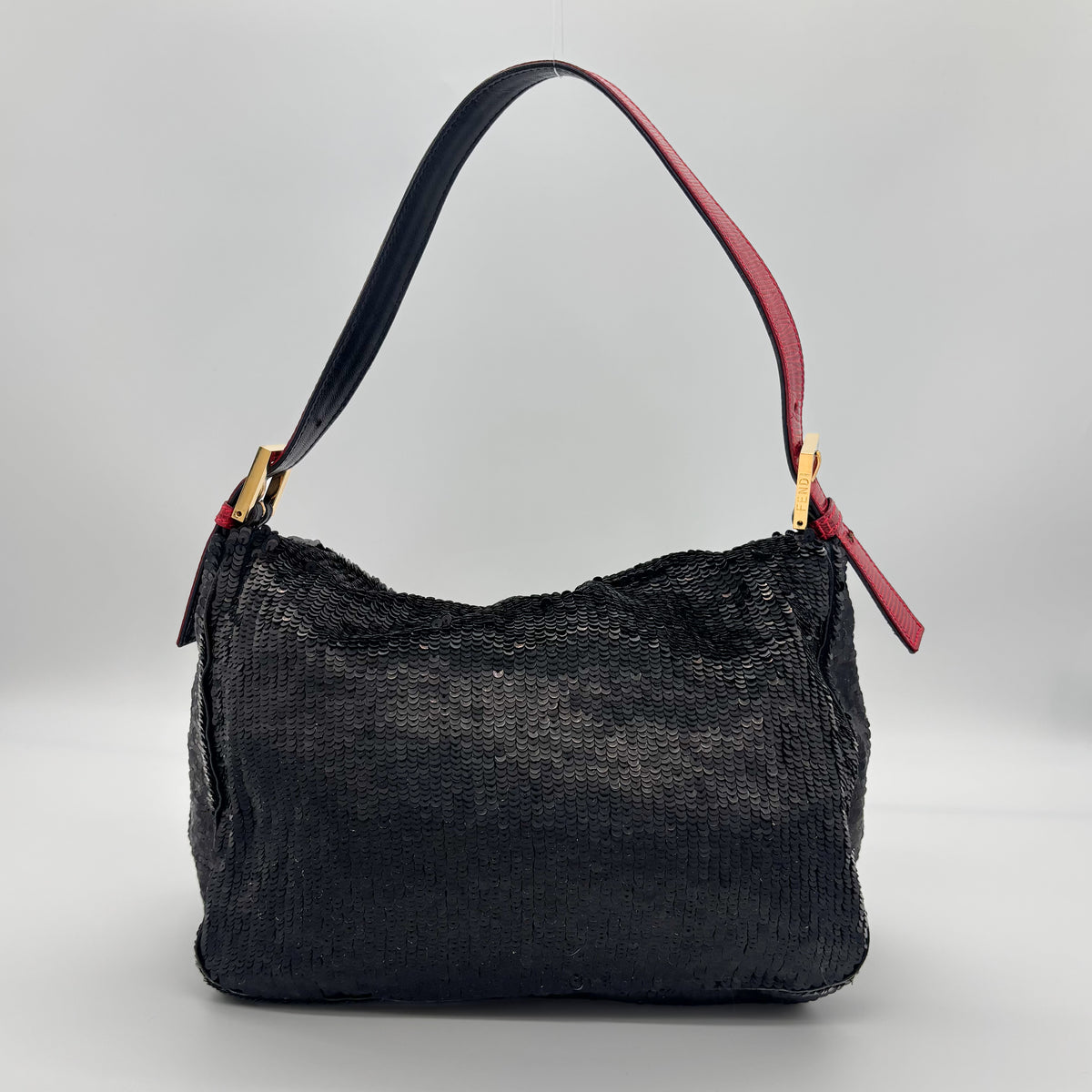 Fendi Black Sequin Baguette Bucket with Red Lizard Trim — Red Enamel FF Buckle