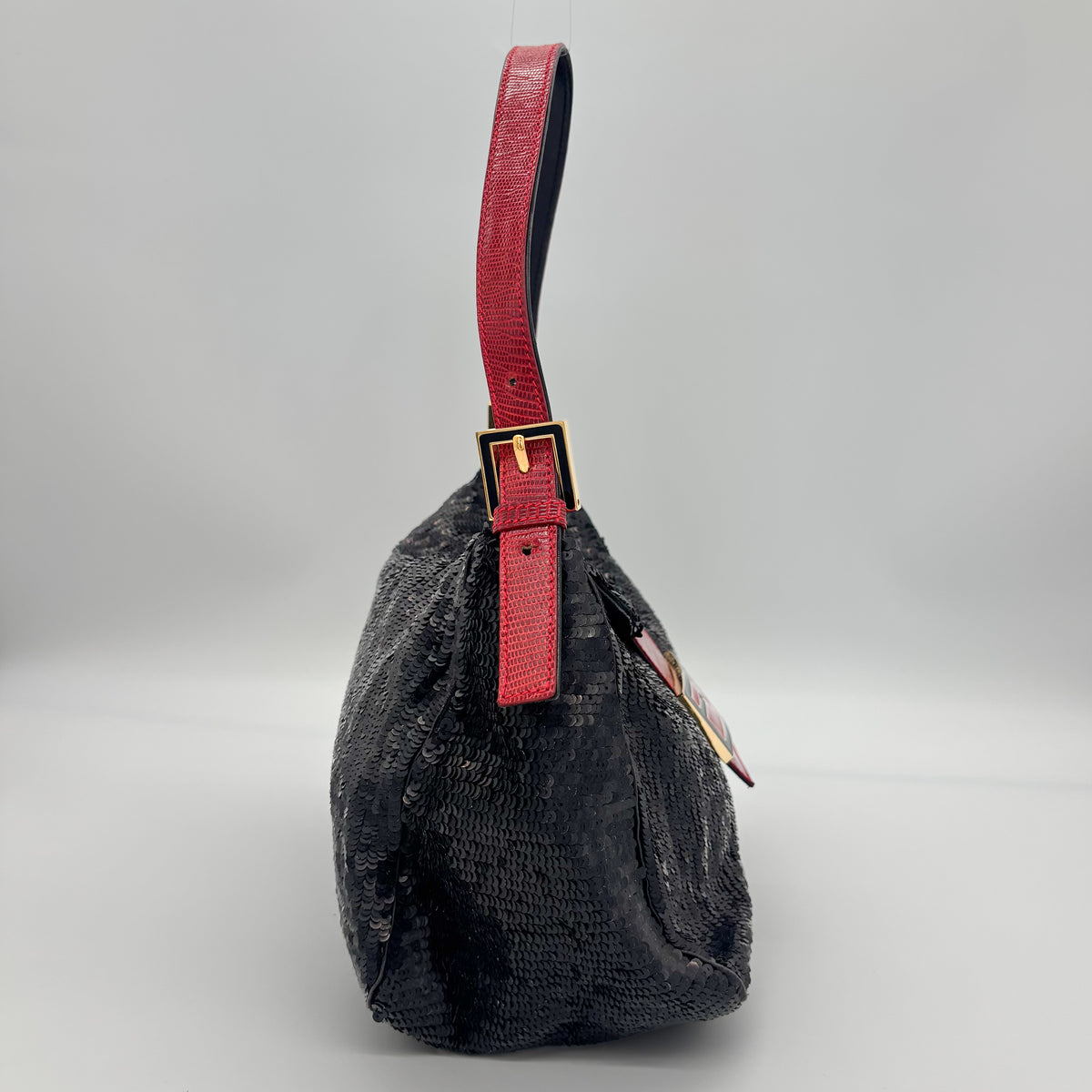 Fendi Black Sequin Baguette Bucket with Red Lizard Trim — Red Enamel FF Buckle