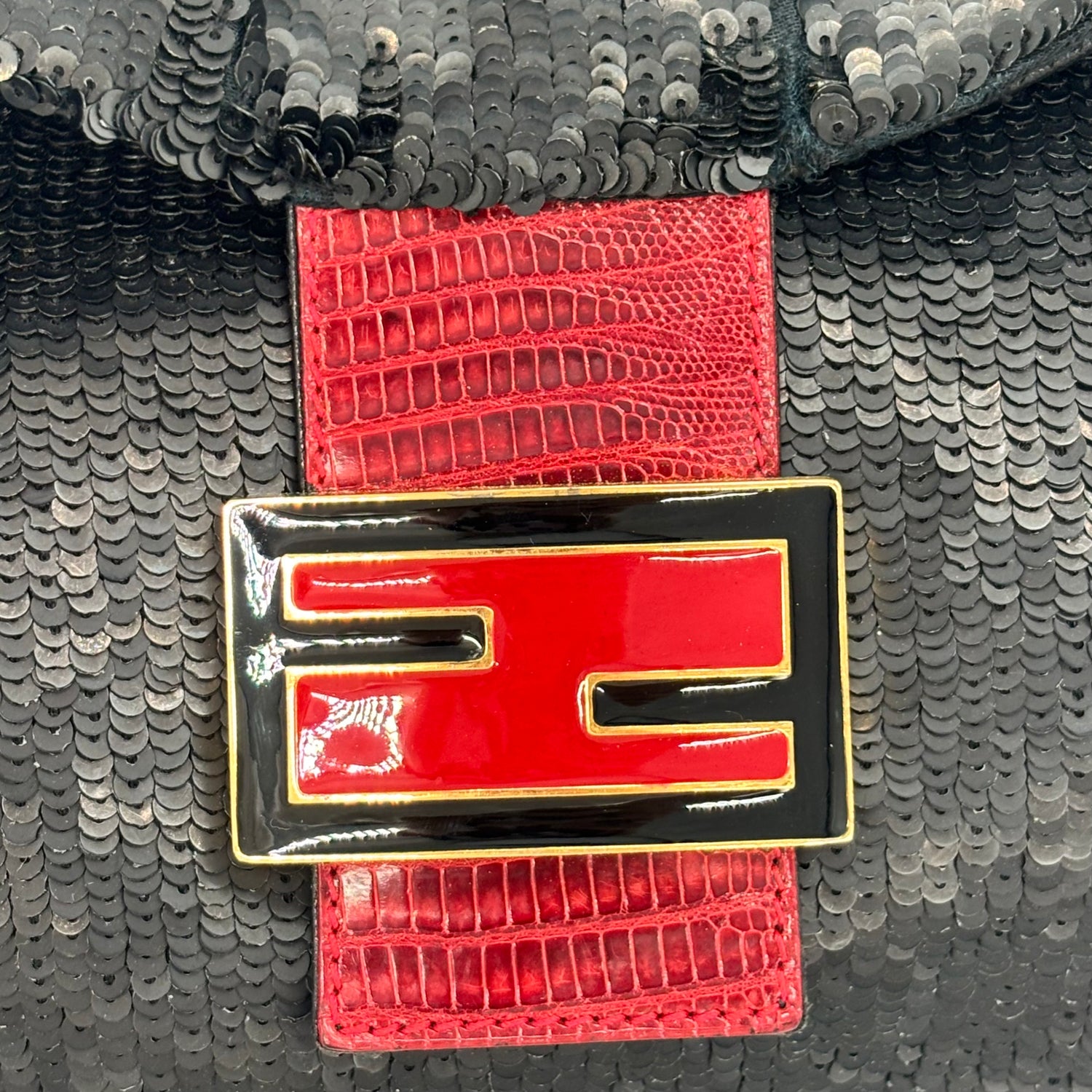 Fendi Black Sequin Baguette Bucket with Red Lizard Trim — Red Enamel FF Buckle