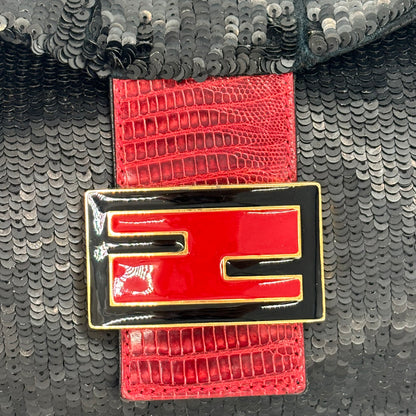 Fendi Black Sequin Baguette Bucket with Red Lizard Trim — Red Enamel FF Buckle