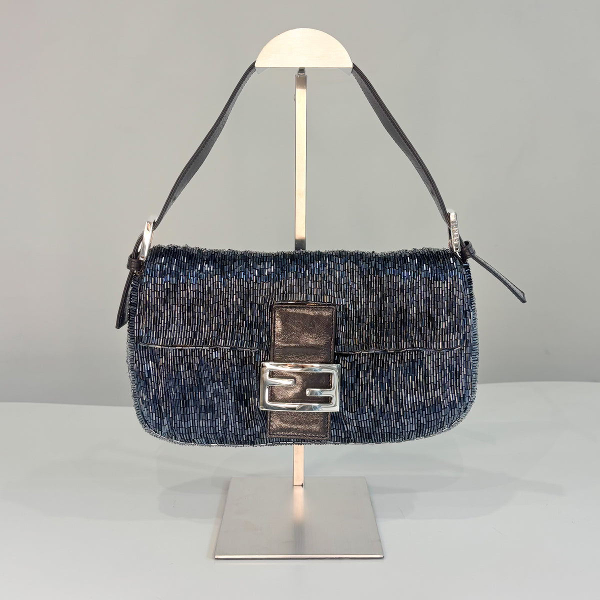 Fendi Waterfall Midnight Blue Bugle Beaded Baguette, Early 2000s