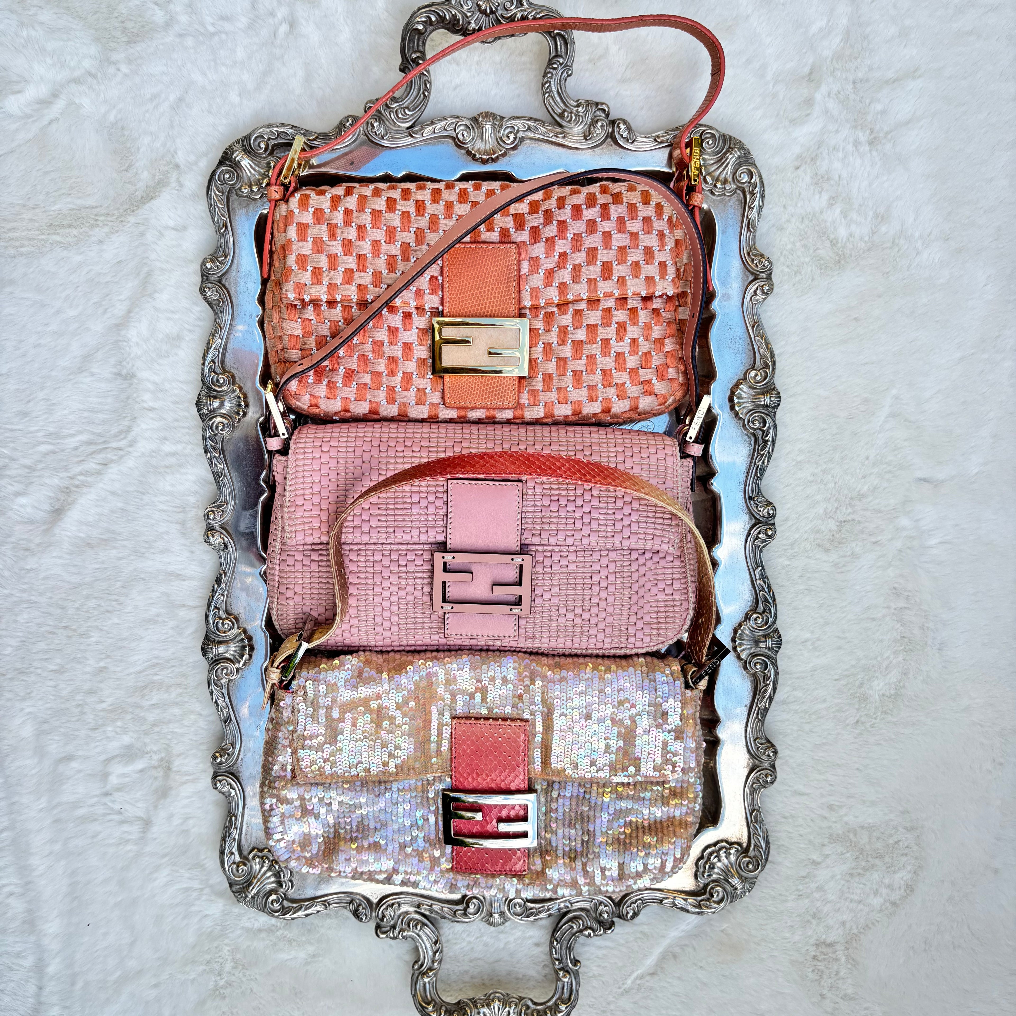 Fendi Iridescent Pink Sequin Baguette with Ombré Python Trim, Early 2000s
