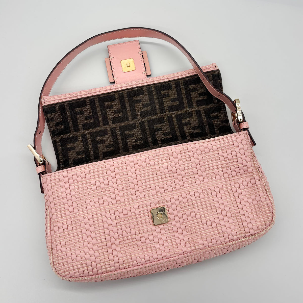 Fendi Woven Leather Baguette in Blush Pink