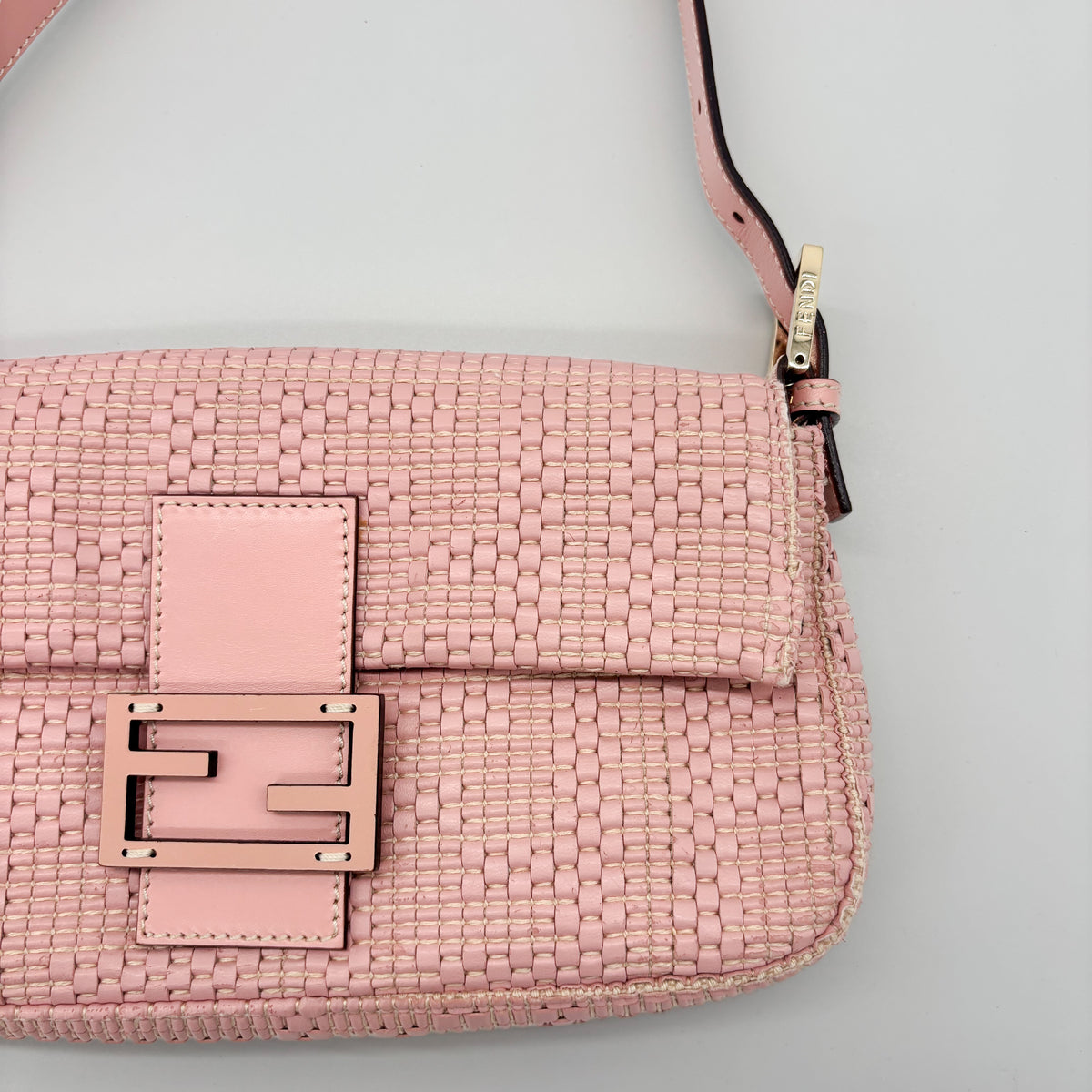 Fendi Woven Leather Baguette in Blush Pink