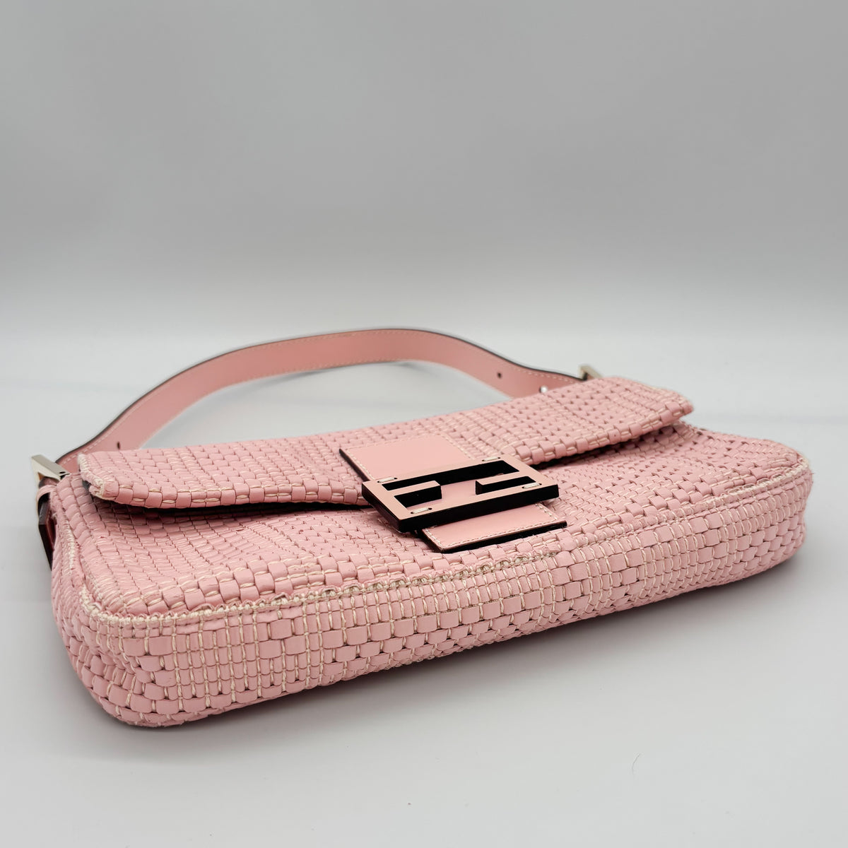Fendi Woven Leather Baguette in Blush Pink
