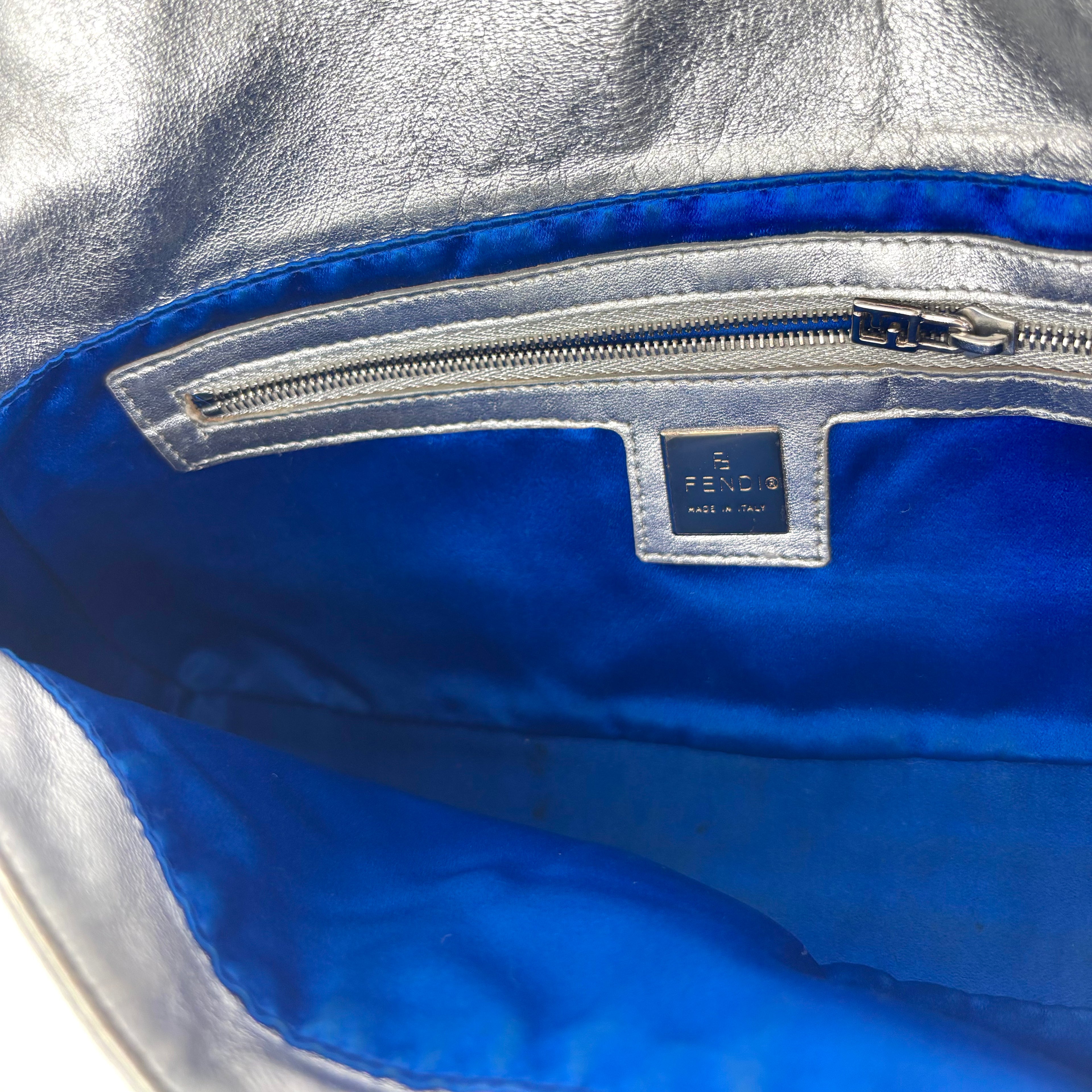 Fendi Silver Lambskin Crystal FF Buckle Baguette, Early 2000s