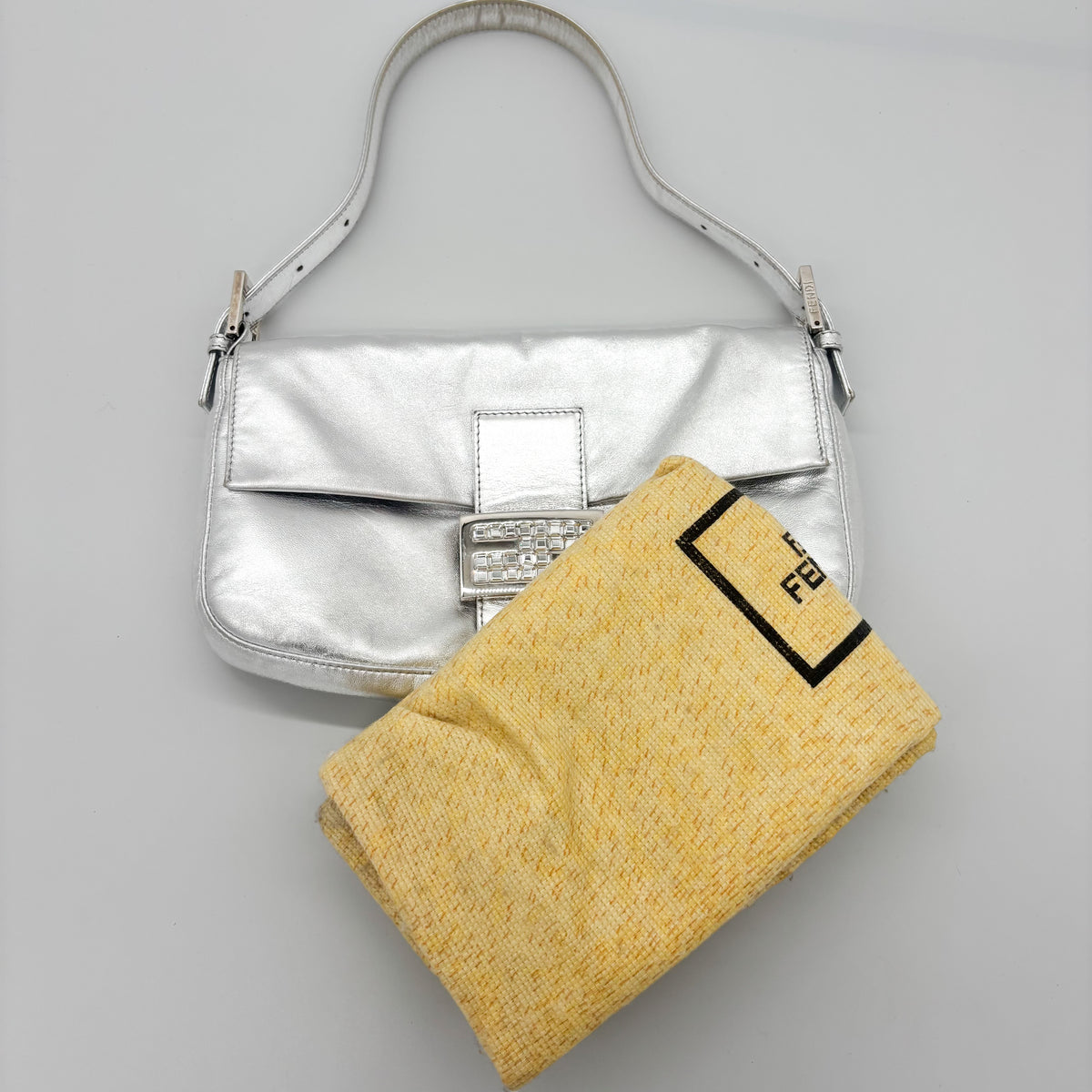 Fendi Silver Lambskin Crystal FF Buckle Baguette, Early 2000s