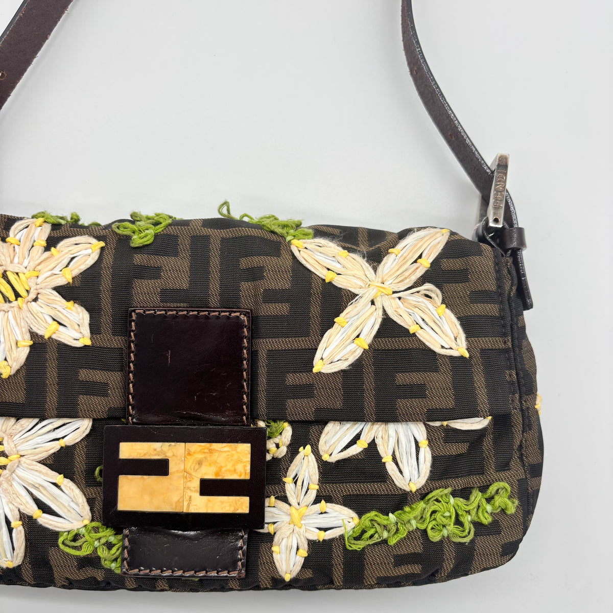Fendi Zucca Canvas Embroidered Daisy Baguette, Tortoiseshell FF Buckle, Lime Green Silk Interior