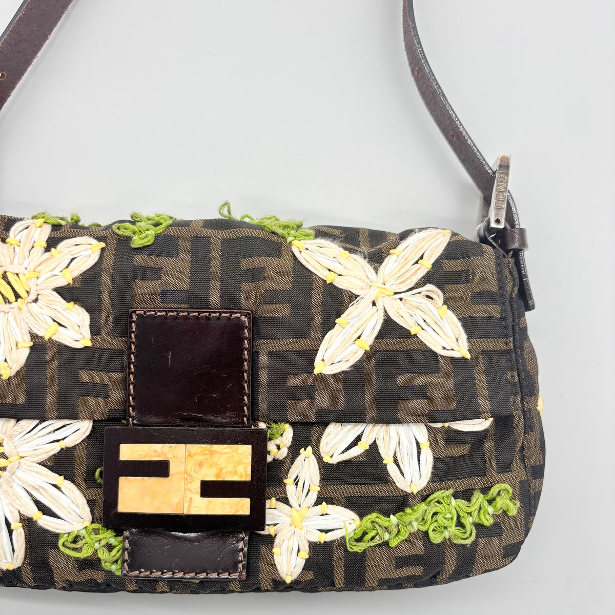 Fendi Zucca Canvas Embroidered Daisy Baguette, Tortoiseshell FF Buckle, Lime Green Silk Interior