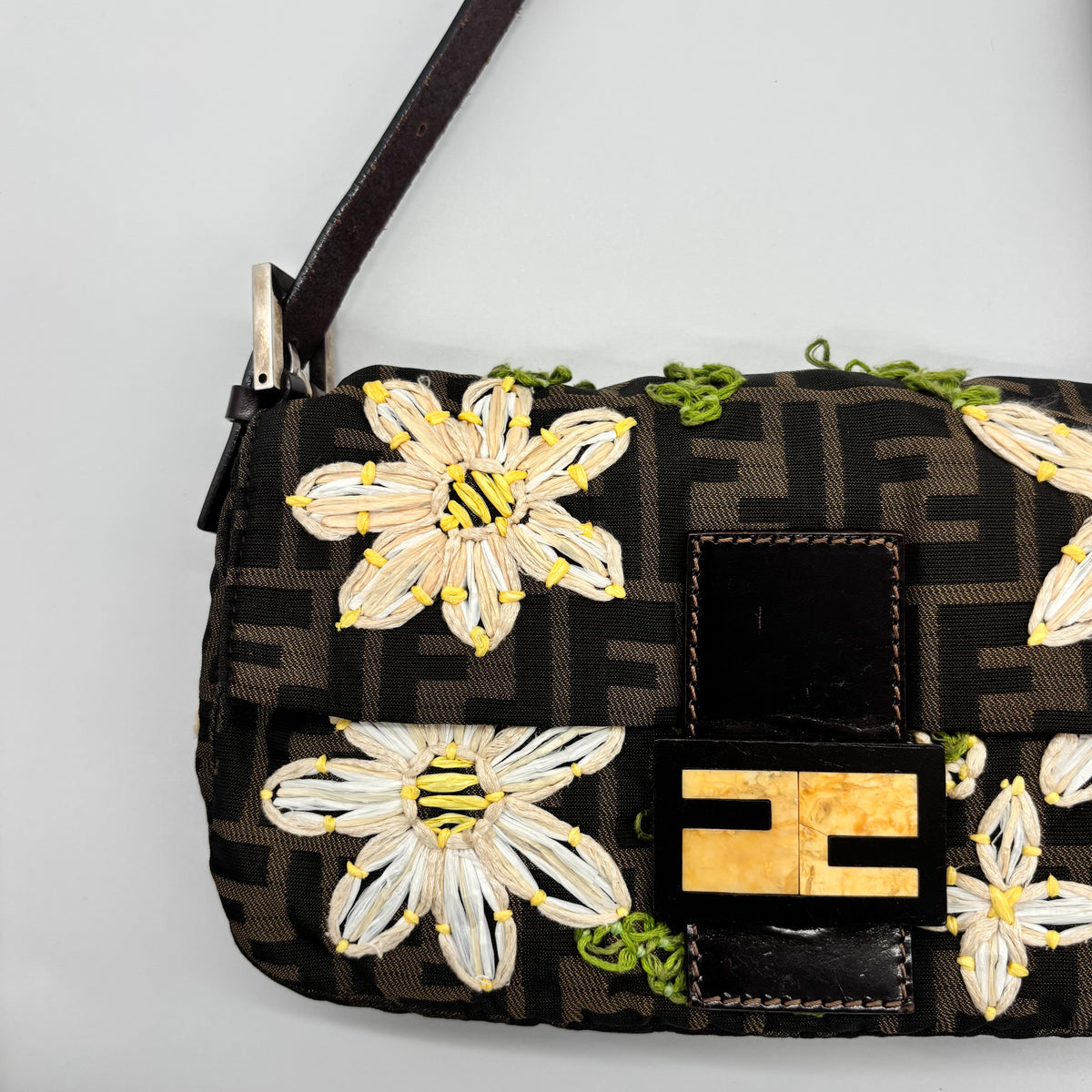 Fendi Zucca Canvas Embroidered Daisy Baguette, Tortoiseshell FF Buckle, Lime Green Silk Interior