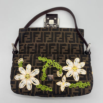 Fendi Zucca Canvas Embroidered Daisy Baguette, Tortoiseshell FF Buckle, Lime Green Silk Interior