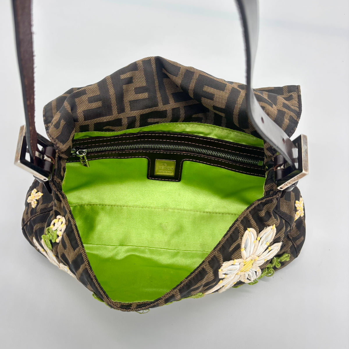 Fendi Zucca Canvas Embroidered Daisy Baguette, Tortoiseshell FF Buckle, Lime Green Silk Interior