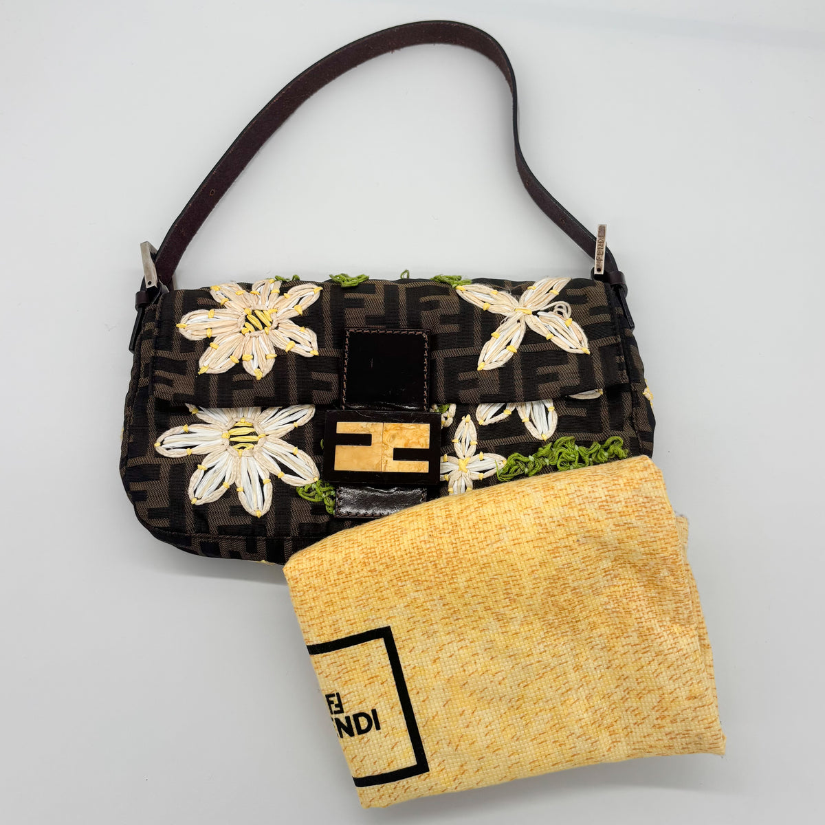 Fendi Zucca Canvas Embroidered Daisy Baguette, Tortoiseshell FF Buckle, Lime Green Silk Interior