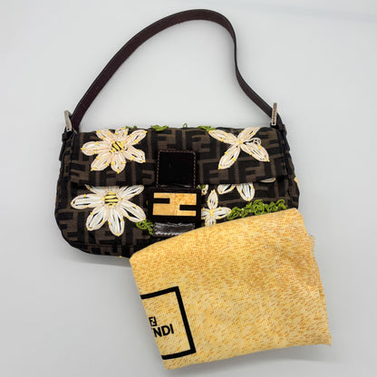 Fendi Zucca Canvas Embroidered Daisy Baguette, Tortoiseshell FF Buckle, Lime Green Silk Interior