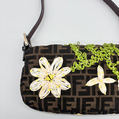 Fendi Zucca Canvas Embroidered Daisy Baguette, Tortoiseshell FF Buckle, Lime Green Silk Interior