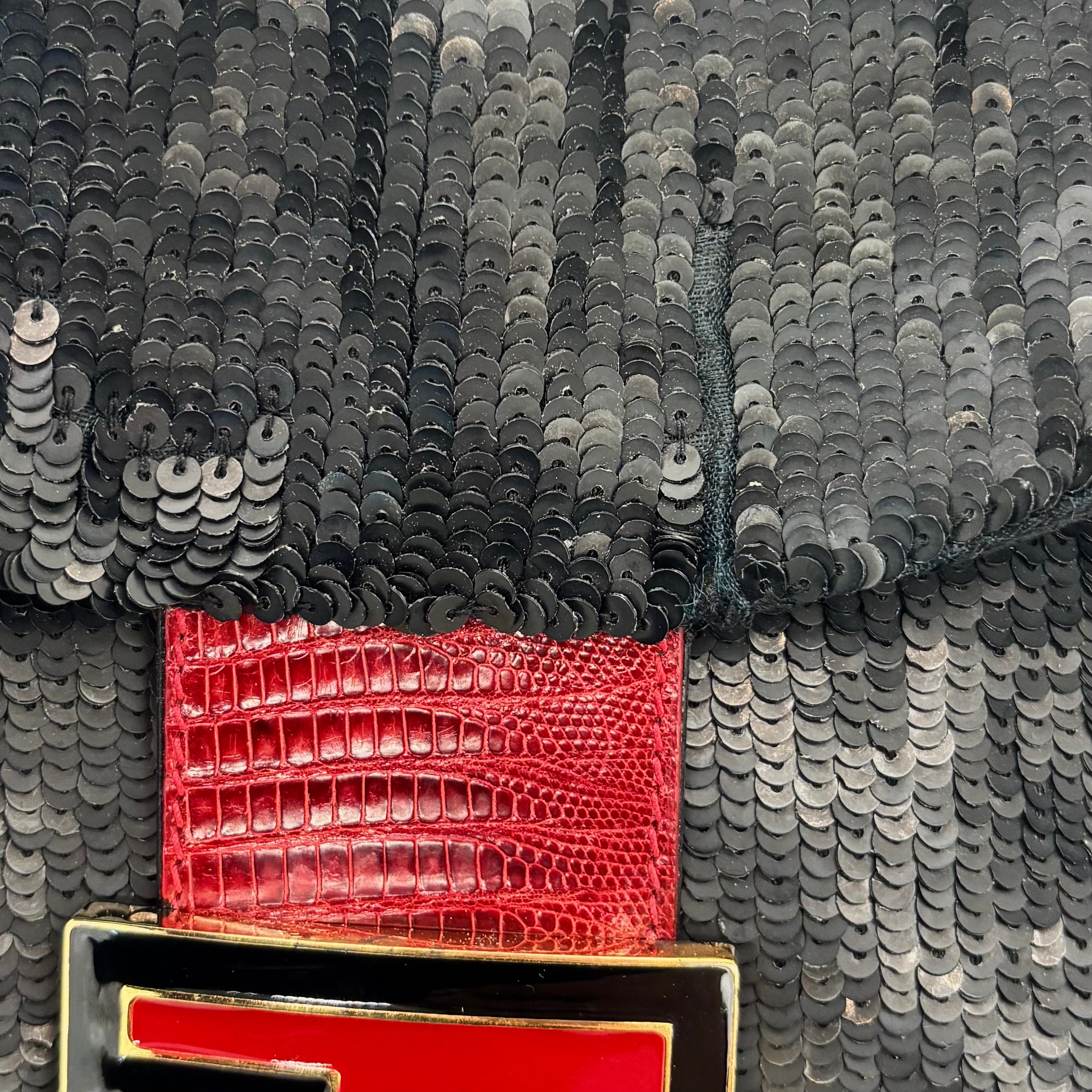 Fendi Black Sequin Baguette Bucket with Red Lizard Trim — Red Enamel FF Buckle