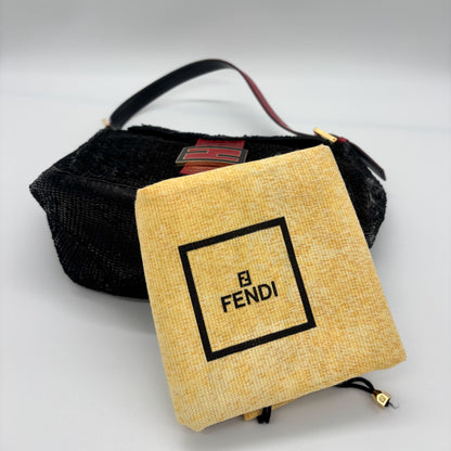 Fendi Black Sequin Baguette Bucket with Red Lizard Trim — Red Enamel FF Buckle