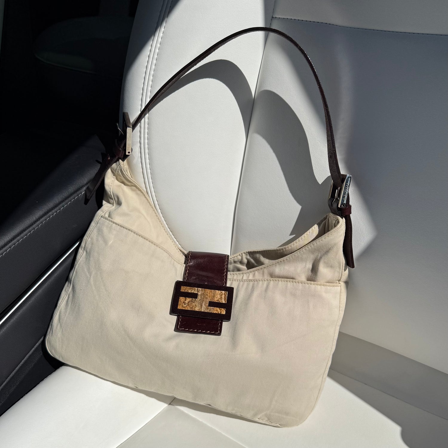 Zucca Canvas Baguette — Cream, Brown Leather Trim