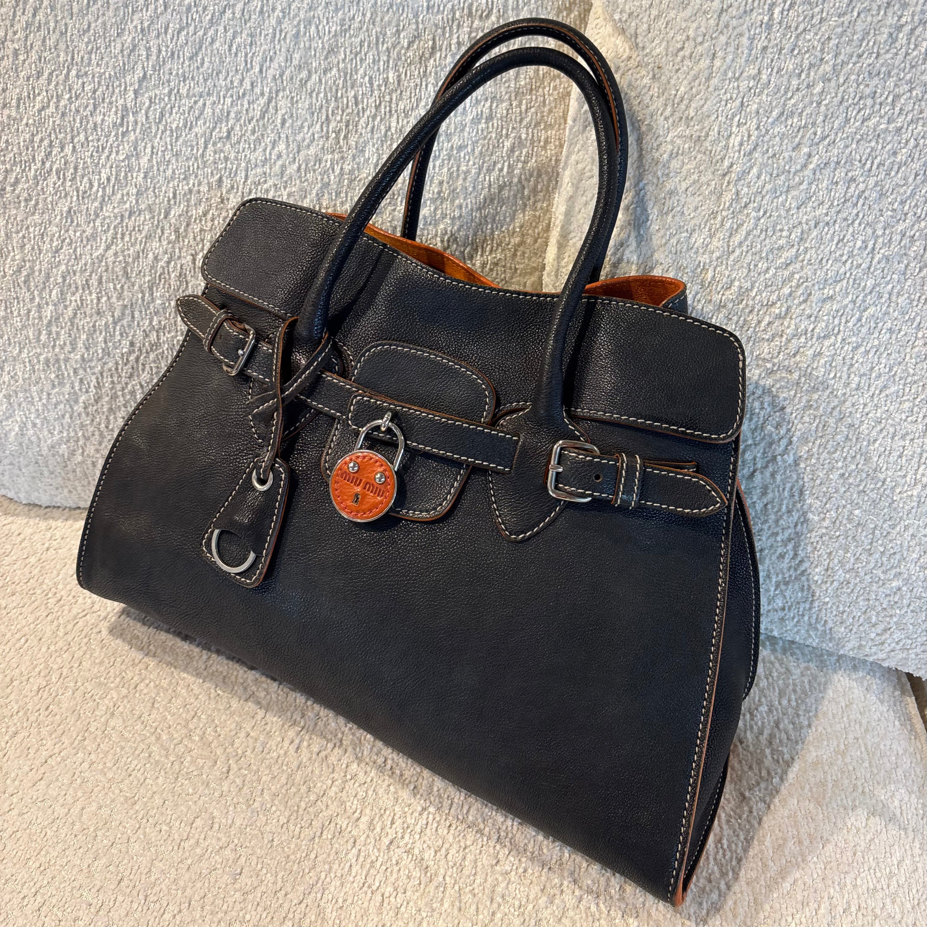 Early 2000s Miu Miu Leather Handbag — Black, Burnt Orange Suede Interior, Padlock &amp; Clochette