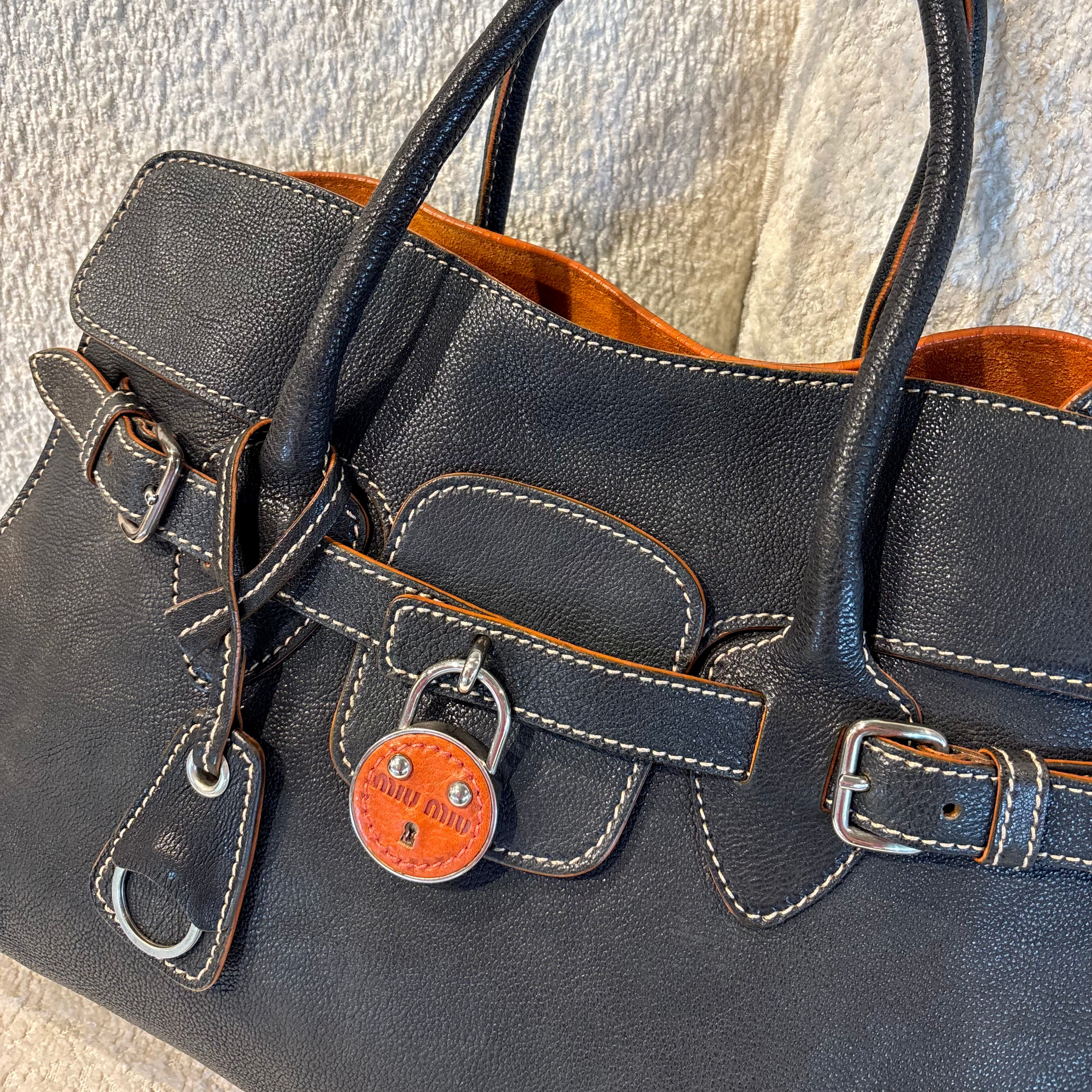Early 2000s Miu Miu Leather Handbag — Black, Burnt Orange Suede Interior, Padlock &amp; Clochette
