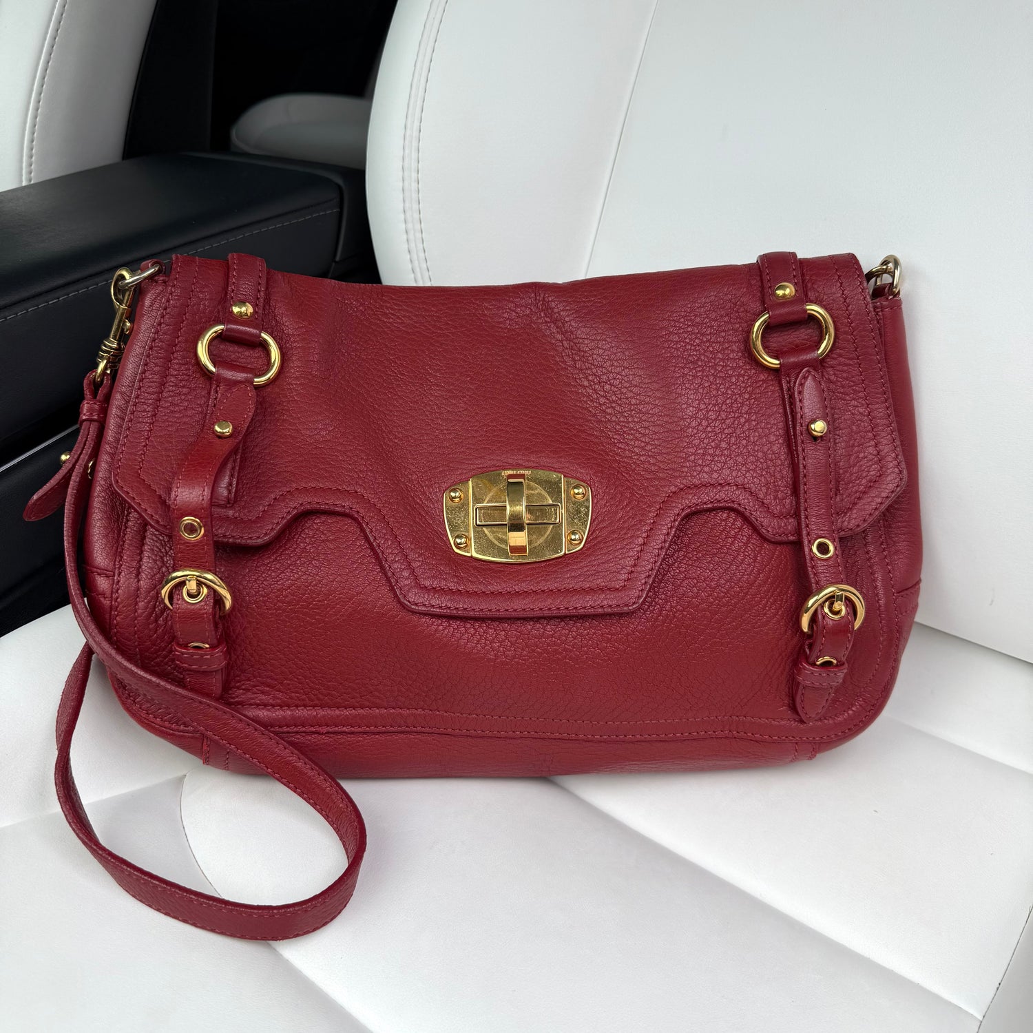 2001 Miu Miu Vitello Lux Structured Shoulder Bag — Cherry Red, Gold Hardware