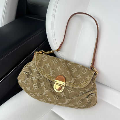 Monogram Denim Pleaty Shoulder Bag in Khaki